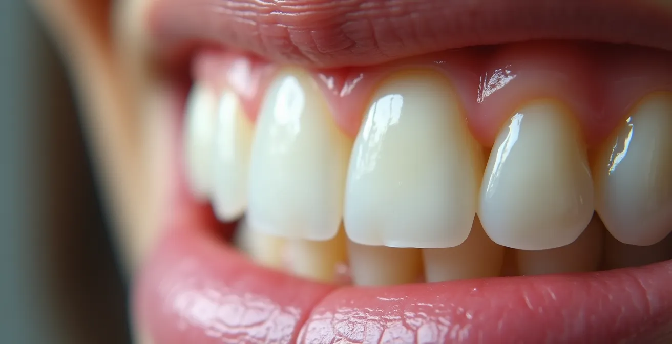 Vue détaillée d'une dentition adulte saine avec lumière douce mettant en valeur les textures naturelles de la bouche