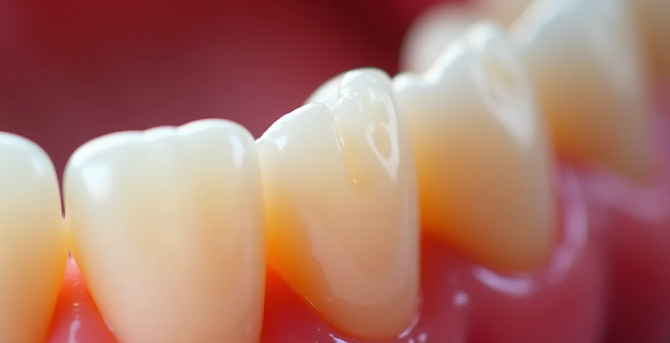 Gros plan macro sur gencives et dents d'un adulte montrant texture naturelle et nuances de santé buccale