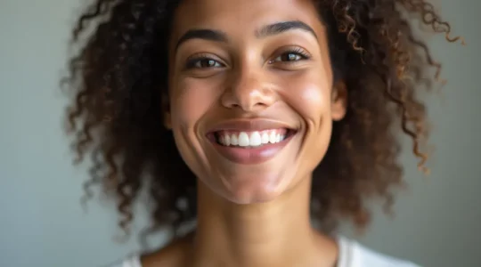 Portrait d'un adulte souriant avec des dents alignées naturellement dans un cadre lumineux avec espace négatif