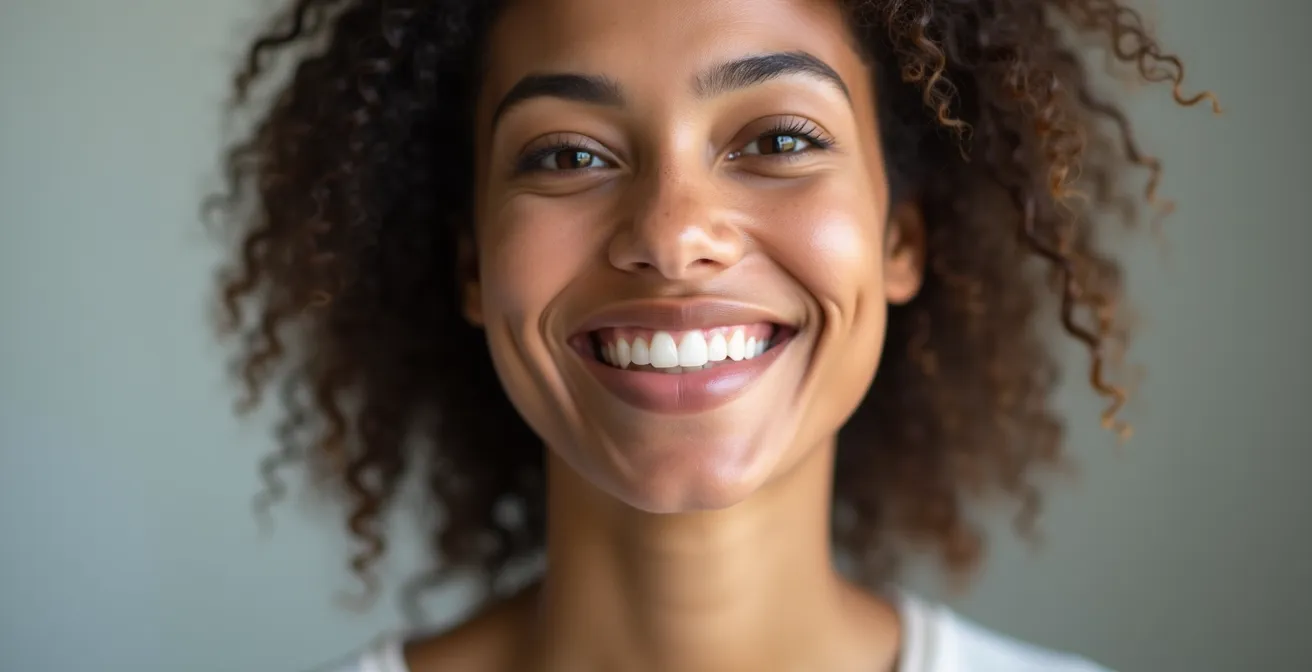 Portrait d'un adulte souriant avec des dents alignées naturellement dans un cadre lumineux avec espace négatif